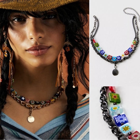 Free People Bohemian Marina Choker Layered Necklace Flower Beads Hippie Festival - Picture 1 of 12